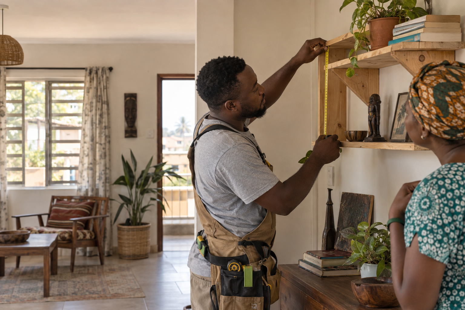 Ghanaian carpenter measuring a wooden shelf with a homeowner nearby