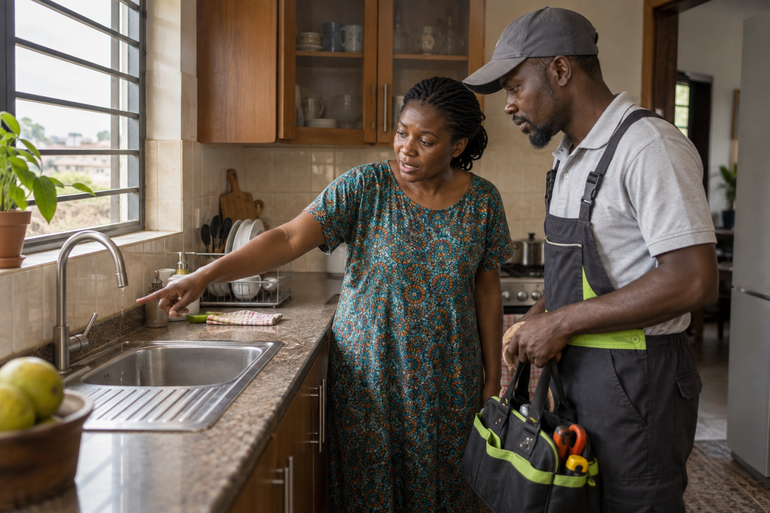 Ghanaian homeowner showing a kitchen repair to a local artisan